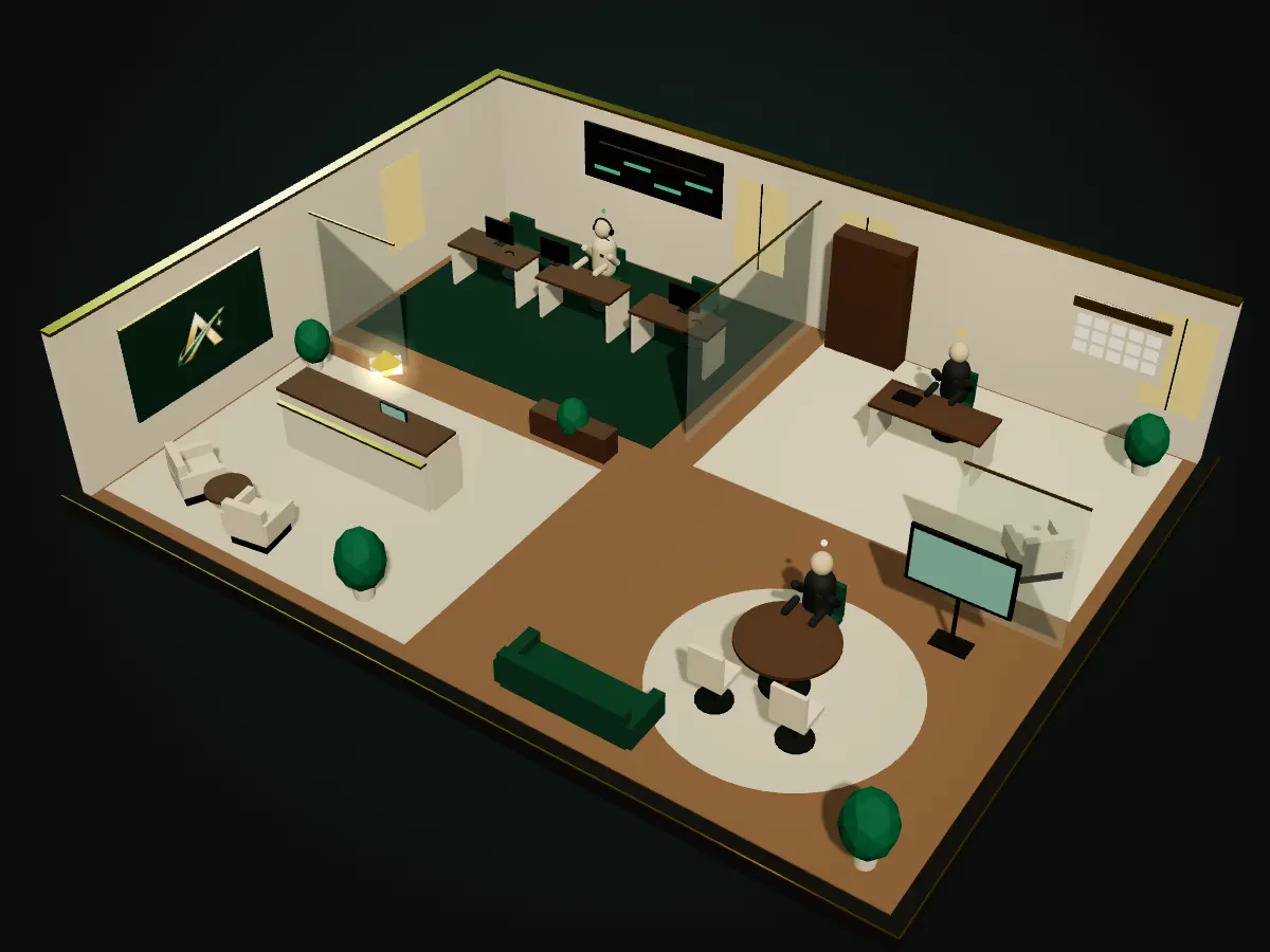 The AscendIQ AI team office: reception, sales and call center, personal assistant and client success workspaces, each with an AI agent at work.